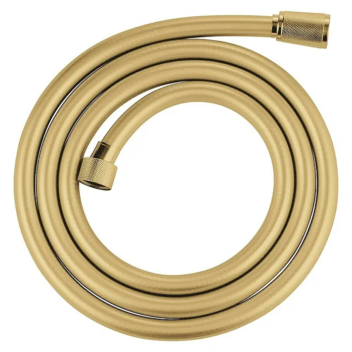 Grohe Brauseschlauch Silverflex - Länge: 175 cm, ½″, Kunststoff, Cool Sunrise - Nahaufnahme eines goldenen Brauseschlauchs in einer kreisförmigen Anordnung, der die Flexibilität und das hochwertige Material betont.