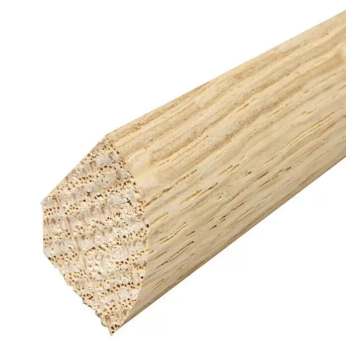Viertelstab - 2,42 m x 1,4 cm x 1,4 cm, Eiche - Hellbraunes Holzprofil mit sichtbarer Maserung und texturierter Stirnseite.