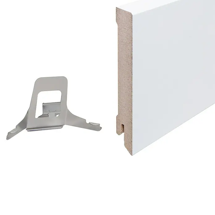 Sockelleiste244 x 1,6 x 9,6 cm, MDF - Profilleiste mit Clip: Elegante weiße Sockelleiste und praktischer Montageclip für eine einfache und stilvolle Wandgestaltung.