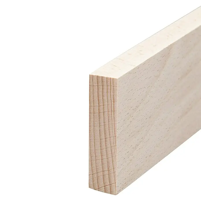 Rechteckleiste - 240 x 2 x 9,6 cm, Buche - Nahaufnahme eines unbehandelten Holzbretts mit sichtbarer Maserung und Textur, ideal für DIY-Projekte und Möbelbau.