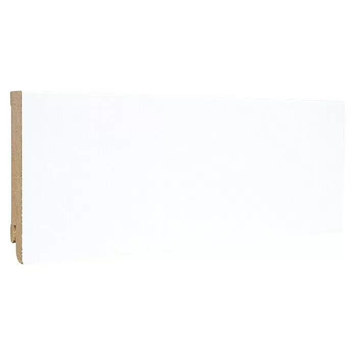 Sockelleiste - 240 x 1,9 x 8 cm, MDF - Weiße Möbelplatte mit sichtbarer Holzwerkstoffkante und Profil.