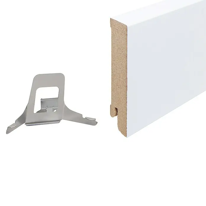 Sockelleiste - 240 x 1,9 x 8 cm, MDF - Bodenleiste und Clip für einfache Montage. Die weiße Leiste bietet eine moderne Lösung für jeden Raum und ermöglicht eine schnelle Installation.