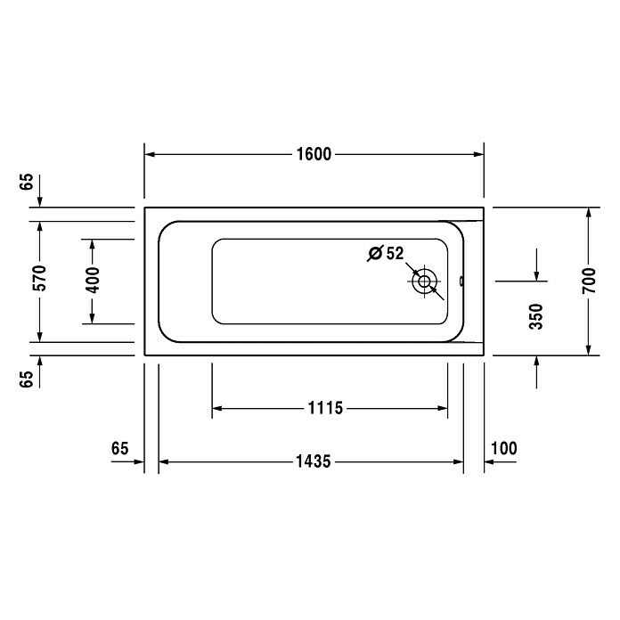 Duravit D-Code Badewanne160 x 70 cm, Ablauf: Fußende, Sanitäracryl, Weiß Front View