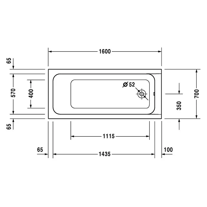 Duravit D-Code Badewanne - 160 x 70 cm, Sanitäracryl, Weiß, Position Ablauföffnung: Fußende - Technische Zeichnung einer Badewanne mit Abmessungen. Die Wanne ist rechteckig mit abgerundeten Ecken und einem Durchmesser von Ø 52.