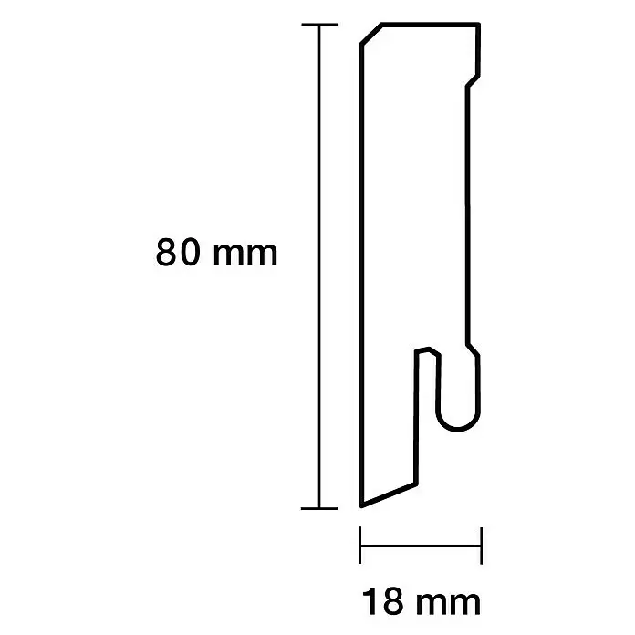 Sockelleiste - 244 x 1,8 x 8 cm, MDF - Querschnitt eines Profils, 80 mm hoch und 18 mm breit, mit schräger Basis und hakenförmiger Aussparung.