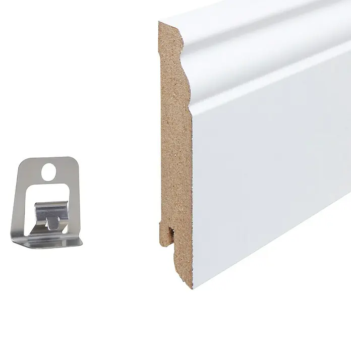 Sockelleiste - 240 x 1,9 x 9 cm, MDF, Profiliert - Weiß lackierte Fußleiste mit Befestigungsclip für eine einfache und saubere Montage, ideal für jeden Raum.