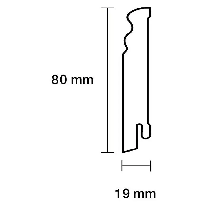 Sockelleiste - 240 x 1,9 x 8 cm, MDF, Profiliert - Strichzeichnung eines dekorativen Zierleistenprofils, 80 mm hoch und 19 mm tief, mit Kurven und Nut.