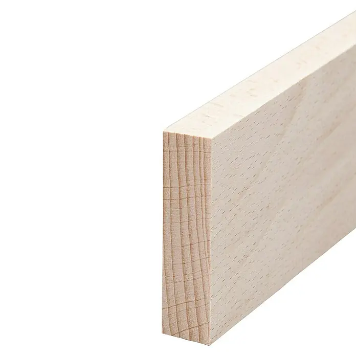 Rechteckleiste - 240 x 2 x 8 cm, Buche - Nahaufnahme eines hellen, unbehandelten Holzbretts. Perfekt für Bastelprojekte, Modellbau oder als natürliche Dekoration.