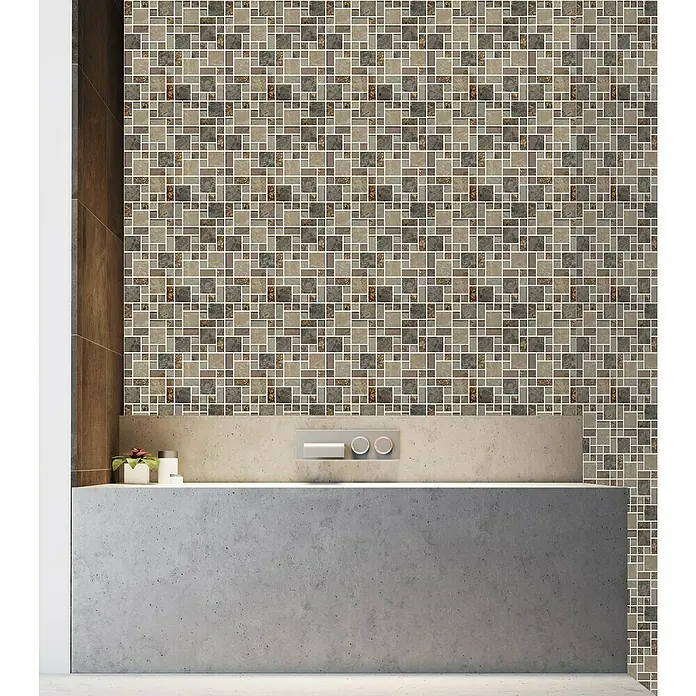 Mosaikfliese Crystal Mix XCM MC679 - 30 x 30 cm, Beige/Braun, Glänzend - Wandverkleidung mit Mosaikfliesen in Braun- und Grautönen, die eine elegante Badezimmergestaltung zeigen.