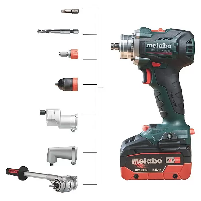 Metabo CAS 18V Akku-Bohrschrauber BS 18 LTX BL Q I - 18 V, 2 Akkus, 5,5 Ah, 130 Nm - Metabo 18V Akku-Bohrschrauber, grün/schwarz, mit Akku und verschiedenen Wechselaufsätzen, Winkeladaptern und Bits.