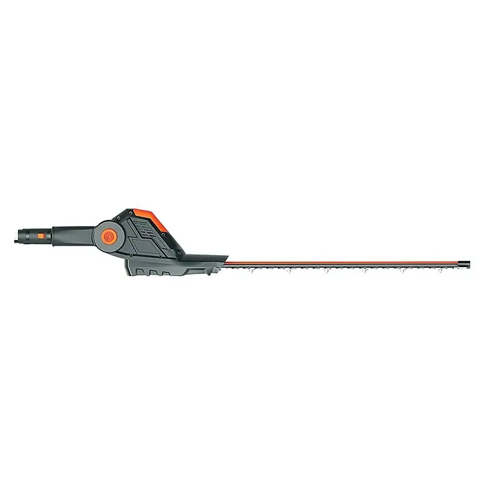 Worx Heckenscheren-Aufsatz - Schnittlänge: 45 cm - Das Bild zeigt einen Heckenscherenaufsatz mit einem grauen Gehäuse und orangefarbenen Akzenten, der zum Schneiden von Hecken verwendet wird.