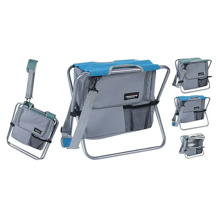 Taburete plegable - Gris/Azul - La imagen muestra una silla mochila plegable y portátil con compartimento refrigerador en varias vistas.