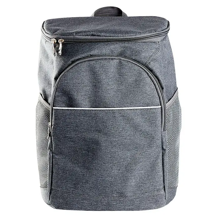 Nevera portátil - 19,5 x 26 x 37 cm, Gris, 14 l - Primer plano de una mochila gris con cremallera en la parte superior y un bolsillo frontal con un detalle blanco.