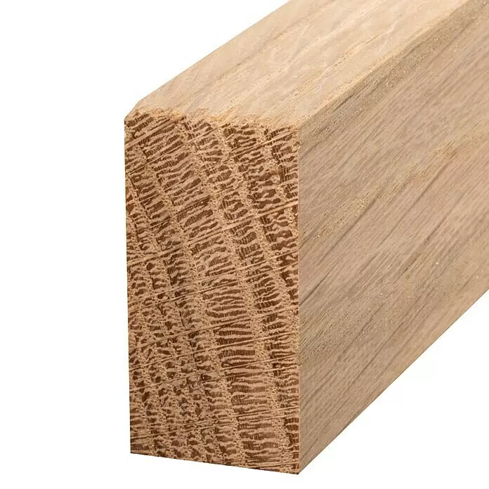 Rechteckleiste - 242 x 2 x 4 cm, Eiche - Hellbraunes, quadratisch geschnittenes Eichenholzstück, das sein charakteristisches Hirnholzmuster und seine glatte Seite zeigt. Ideal für Holzprojekte.