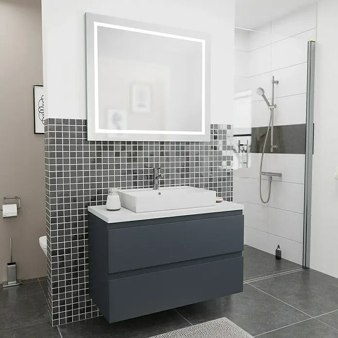 Camargue Espacio Waschtischunterschrank100 x 46 x 60 cm, 2 Schubkästen, Gama anthrazit matt - Ein modernes Badezimmer mit einem grauen Waschtischunterschrank, einem Aufsatzwaschbecken und einem beleuchteten Spiegel. Elegantes Design für Ihr Bad!