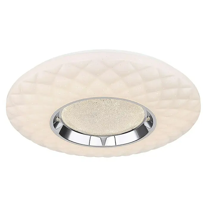 Globo LED-Deckenleuchte rund Magnifique - 30 W, Ø x H: 49 cm x 68 mm, Neutralweiß - Nahaufnahme einer modernen Deckenleuchte mit einer glitzernden Oberfläche und einem Chromring.