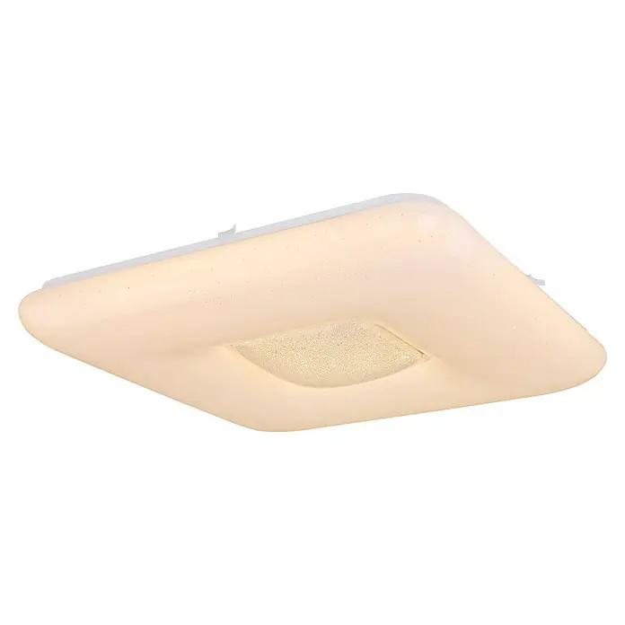 Globo LED-Deckenleuchte Trystan - 54 W, L x B x H: 53 x 53 x 8 cm, Weiß/Opal, Mehrfarbig - Nahaufnahme einer quadratischen Deckenleuchte mit abgerundeten Kanten und einem vertieften quadratischen Mittelteil, die ein sanftes Licht ausstrahlt.