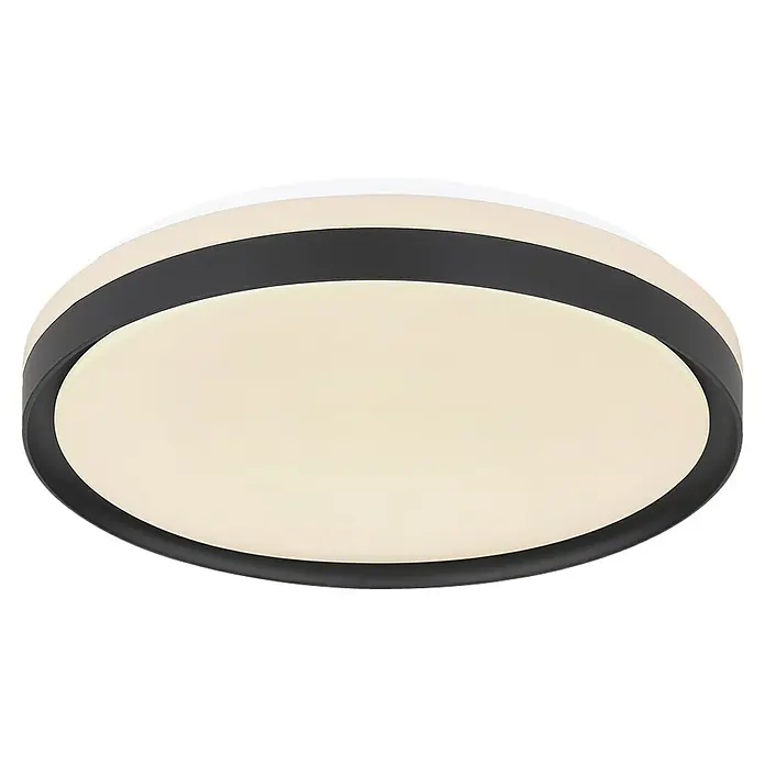 Globo LED-Deckenleuchte rund SONNY - 18 W, Ø x H: 39 x 8 cm, Weiß, Sonstige - Nahaufnahme einer runden LED-Deckenleuchte mit weißem Diffusor und schwarzem Akzentring.