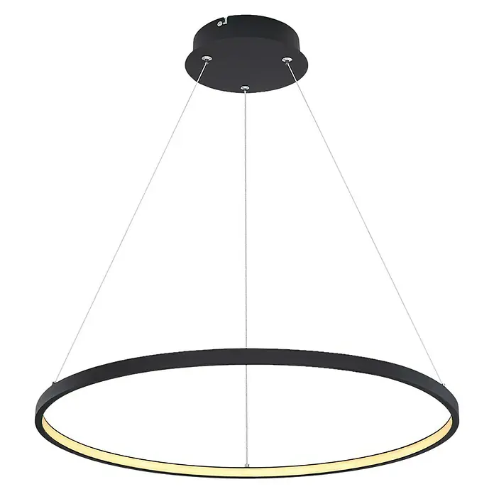 Globo LED-Pendelleuchte Ralph - Ø x H: 60,5 x 120 cm, 29 W, Warmweiß, Schwarz/Opal - Nahaufnahme einer modernen, kreisförmigen Pendelleuchte mit minimalistischem Design und warmem Licht.