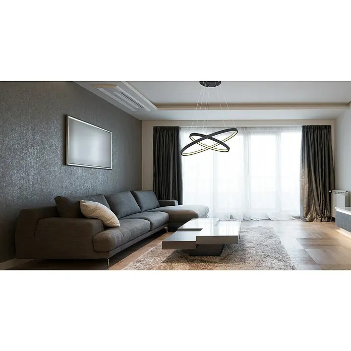 Globo LED-Pendelleuchte rund Ralph - 42 W, Ø x H: 51 x 120 cm, Schwarz/Opal, Warmweiß - Elegante Wohnzimmeraufnahme mit einer modernen, doppelten Ring-Hängeleuchte, die über einem Couchtisch in einem stilvollen Interieur hängt.