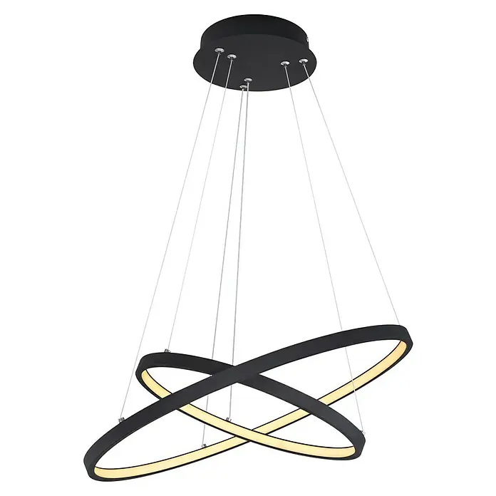 Globo LED-Pendelleuchte rund Ralph - 42 W, Ø x H: 51 x 120 cm, Schwarz/Opal, Warmweiß - Schwarze LED-Hängeleuchte mit zwei verschlungenen Ringen und silbernen Aufhängungen für modernes Ambiente.