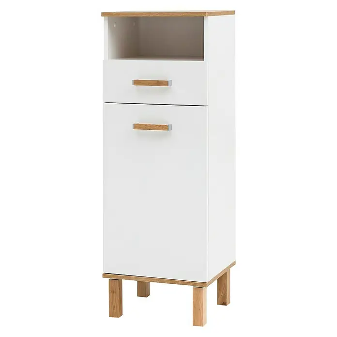 Schildmeyer Padua Highboard - 40 x 35 x 115 cm, Weiß/Eiche - Produktansicht eines Badezimmerschranks in Weiß mit Holzdetails, mit einer Schublade, einer offenen Ablage und einer Tür.