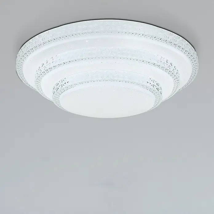 Globo LED-Deckenleuchte Magnifique - Durchmesser: 49 cm, 30 W - Moderne weiße Deckenleuchte mit drei Ebenen und dekorativen Kristalldetails, ideal für stilvolle Innenräume.