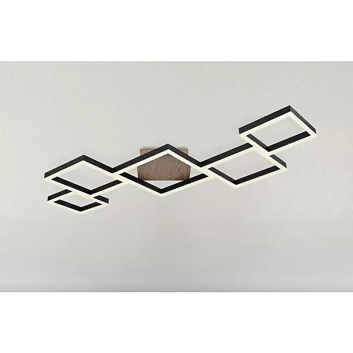Globo LED-Deckenleuchte Kurio - 58 W, L x B x H: 120 cm x 60 m x 6 m, Schwarz, Kaltweiß - Moderne schwarze LED-Deckenleuchte mit quadratischen Rahmen und Holzbasis, an der Decke montiert.