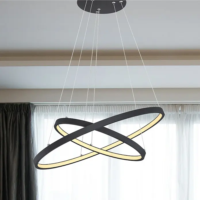 Globo LED-Pendelleuchte rund Ralph - 42 W, Ø x H: 51 x 120 cm, Schwarz/Opal, Warmweiß - Moderne LED-Hängeleuchte mit zwei ineinander verschlungenen Ringen, die ein warmes, einladendes Licht spenden. Elegantes Design für stilvolle Räume.