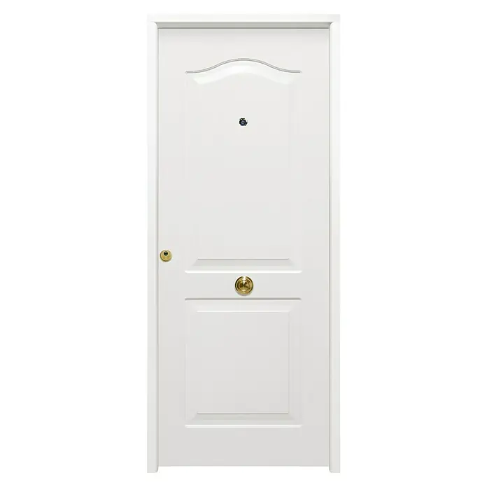THT Puerta de entrada exterior Saga 100 - 90 x 210 cm, Derecha, Blanco - Una puerta principal blanca con un pomo dorado y una mirilla para mayor seguridad. La puerta tiene un diseño simple y moderno.