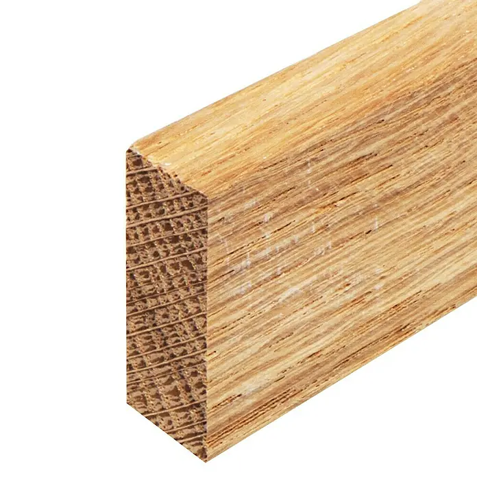Rechteckleiste - 242 x 1,3 x 3 cm, Eiche - Nahaufnahme eines Holzstücks, das die Textur und die Jahresringe des Holzes zeigt. Ideal für Handwerker und Holzarbeiter.