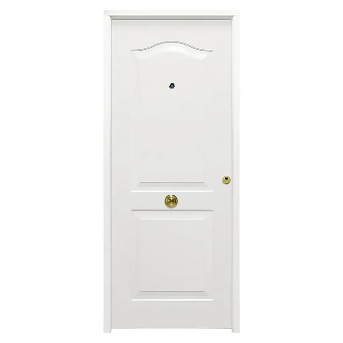 THT Puerta de entrada exterior Saga 100 - 90 x 210 cm, Izquierda, Blanco - Primer plano de una puerta interior blanca con un pomo dorado y una mirilla para mayor seguridad y elegancia.