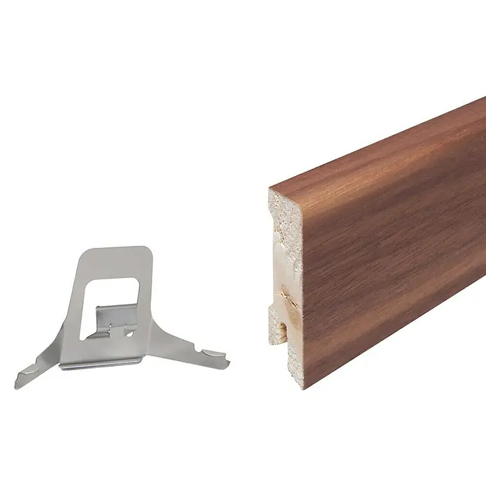 Sockelleiste - 240 x 1,6 x 5,8 cm, Nussbaum - Fußleiste aus Holz mit Montageclip für eine einfache und sichere Befestigung an der Wand. Praktisch und schnell montiert.