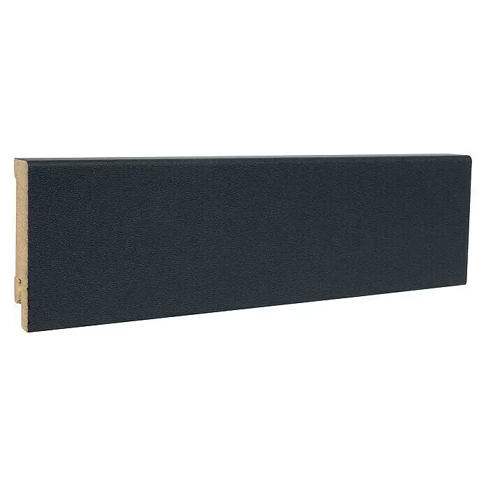 Sockelleiste - 240 x 1,6 x 5,8 cm, MDF, Anthrazit - Dunkelgraue, strukturierte Sockelleiste mit sichtbarem hellbraunem Kern an einer Seite.