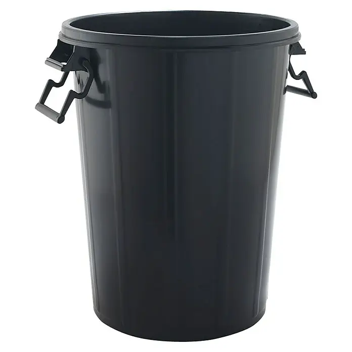 Cubo de basura empotrado con tapa - 100 l, Negro, Redonda - En la imagen se ve un cubo negro con asas a los lados, ideal para tareas domésticas y eliminación de residuos. El cubo tiene un diseño funcional.