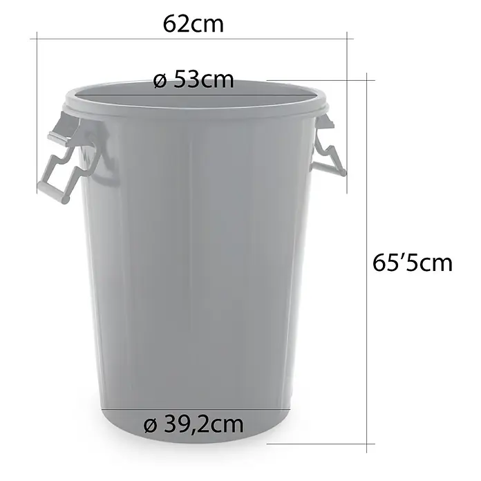 Cubo de basura empotrado con tapa - 100 l, Negro, Redonda - Un cubo gris con asas y dimensiones de diámetro y altura, para una visualización detallada del producto.