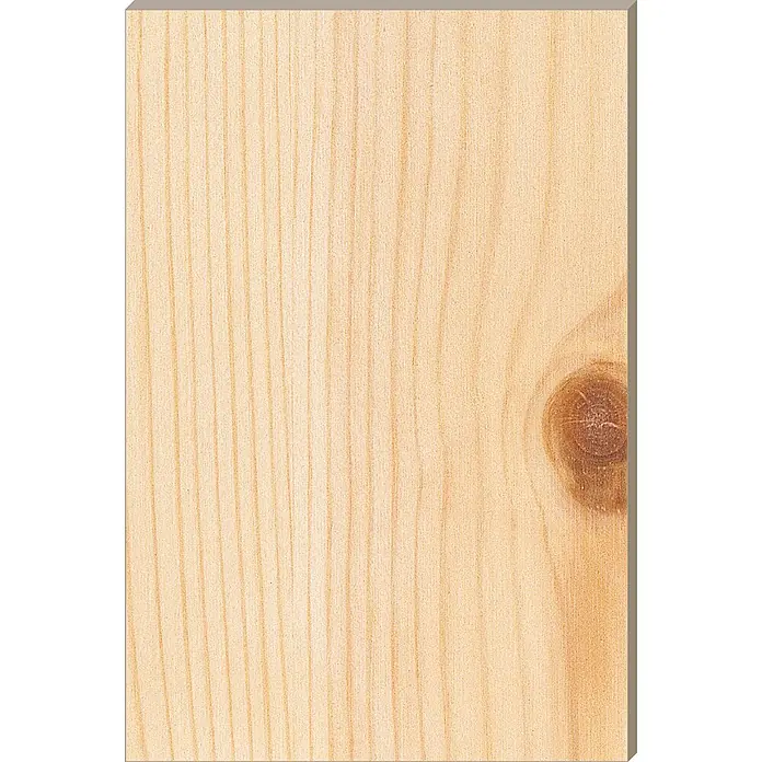 Kilsgaard OberflächenmusterPassend für: Kilsgaard Türzargen & Zimmertüren Kiefer lackiert oder Kiefer roh - Nahaufnahme von hellem Kiefernholz mit feiner Maserung und einem Ast, ideal für Möbelbau und Innenausbau.