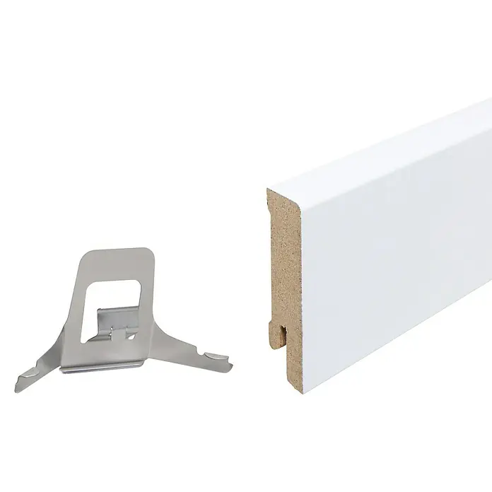 Sockelleiste - 240 x 1,6 x 5,8 cm, MDF - Weiß lackierte Fußleiste mit Clip-System zur einfachen und schnellen Montage, ideal für moderne Innenräume und Renovierungen.