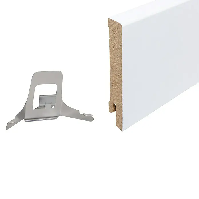 Sockelleiste - 240 x 1,6 x 8 cm, MDF - Weiße Fußleiste mit einem Befestigungsclip aus Metall, ideal für die einfache Montage von Bodenleisten im Innenbereich.