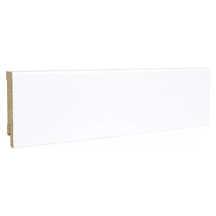 Sockelleiste - 240 x 1,6 x 5,8 cm, MDF - Weißes Sockelleistenprofil mit sichtbarem MDF-Kern an der Seite.