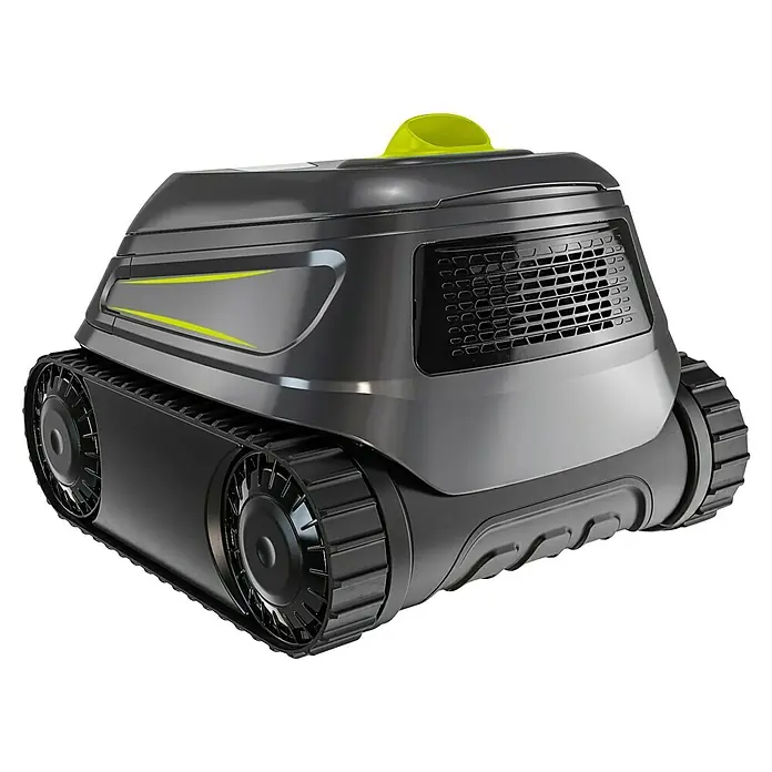 Zodiac Poolroboter CNX 1020 - Netzbetrieben, Pools bis 900 x 400 m, 13 m³/h - Abbildung eines grauen Roboter-Poolreinigers mit Raupen und gelben Akzenten.