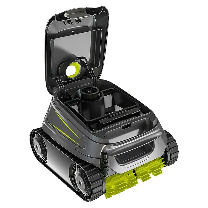 Zodiac Poolroboter CNX 1020 - Netzbetrieben, Pools bis 900 x 400 m, 13 m³/h - Grauer Poolreinigungsroboter mit geöffnetem Deckel, der Einblick in das Innere und die Bürsten an der Unterseite bietet.