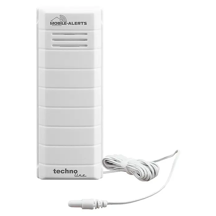 Mobile-Alerts Temperatursensor MA10101 - Batteriebetrieben, Weiß, -29 °C - 59,9 °C - Ein weißer Mobile-Alerts-Sensor mit Kabel und Techno Line-Logo für präzise Messungen und zuverlässige Wetterdatenübertragung.