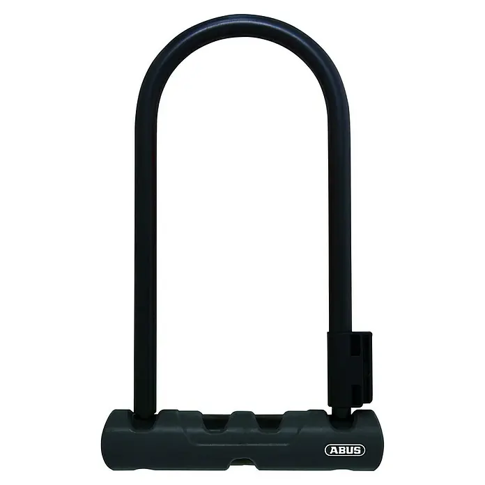 Abus Bügelschloss U Lock 8603 - Sicherheitsstufe: Level 9 - Nahaufnahme eines schwarzen ABUS-Fahrradbügelschlosses, das Sicherheit und Schutz für Fahrräder bietet.