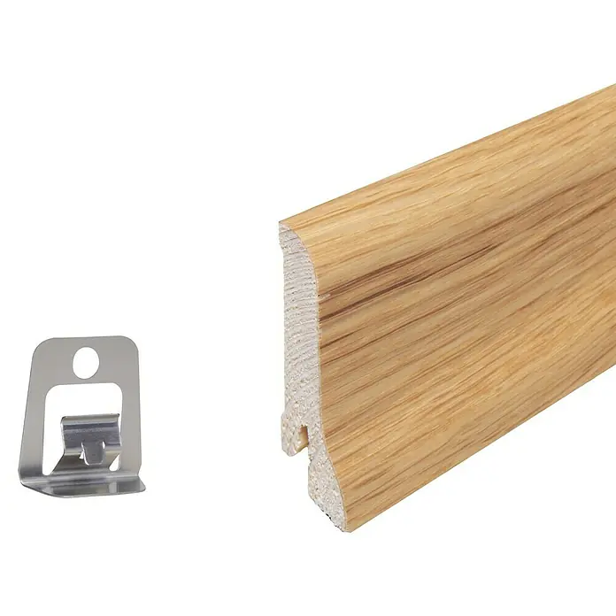 Sockelleiste - 240 x 2,2 x 6 cm, Eiche geölt - Ein Sockelleisten-Set mit Holzstruktur und passenden Befestigungsclips für eine einfache und sichere Montage an der Wand.