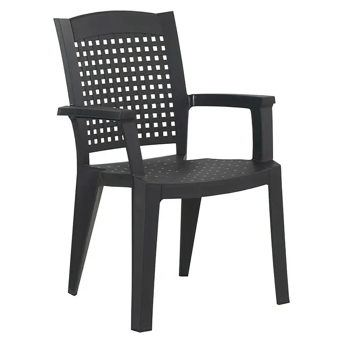 Silla de jardín Atlantic - 59 x 60 x 87 cm, Antracita, Polipropileno, Apilable - Silla de jardín de plástico negro con reposabrazos y un patrón cuadrado en el respaldo para uso exterior.