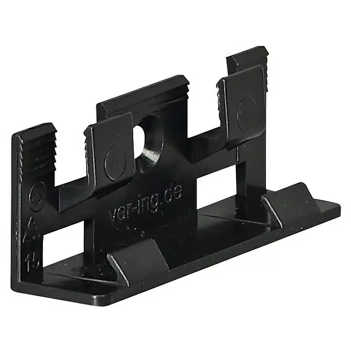 Leistenclip - 30 Stk. - Schwarze Kunststoff-Montagehalterung mit flacher Basis, Mittelloch und gezackten Greifflächen.