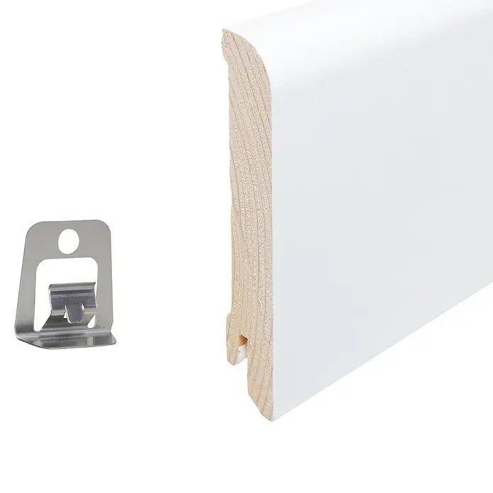 Sockelleiste - 240 cm x 1,8 cm x 9,6 mm, Kiefer, Weiß - Weiß lackierte Fußleiste aus Holz mit Befestigungsclip, ideal für moderne Inneneinrichtungen und einfache Montage.
