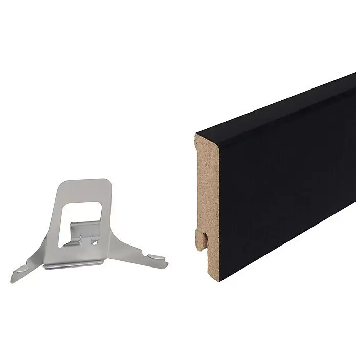 Sockelleiste - 240 x 1,6 x 5,8 cm, MDF, Schwarz - Schwarze Fußleiste und Metallbefestigungsklammer. Die Klammer dient zur Montage der Leiste.