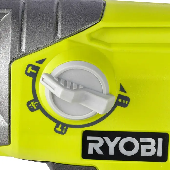 Ryobi ONE+ Akku-Kombihammer R18SDS-0 - 18 V, Ohne Akku, 1,3 J - Nahaufnahme der Ryobi Akku-Lampe mit Fokus auf dem Schalter zur Einstellung der Leuchtmodi. Gut sichtbar ist auch das Markenlogo.